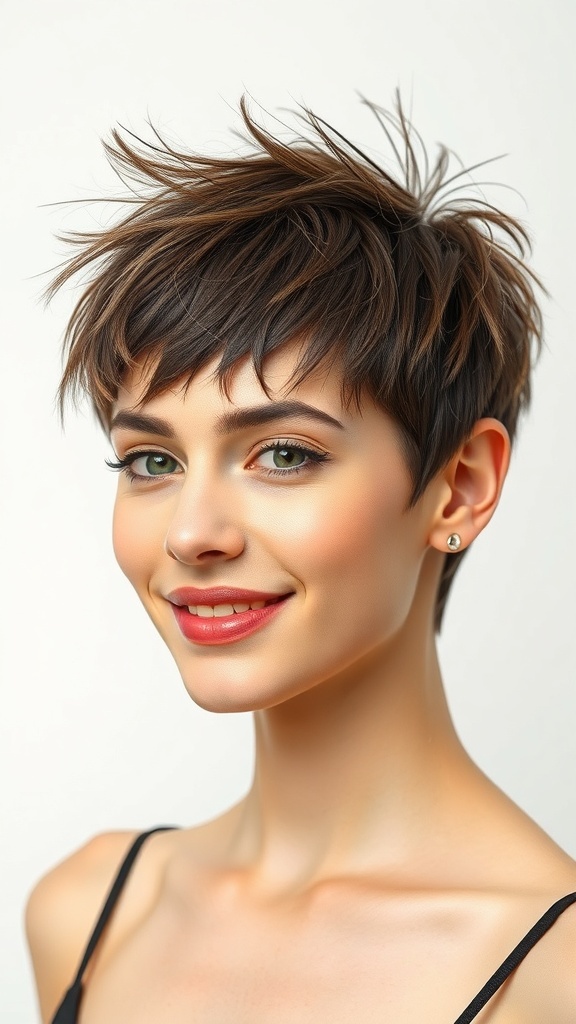 A person with short hair styled in spiky crown layers.