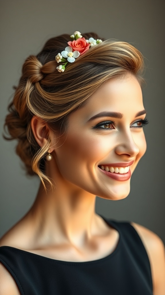 A bride with short hair styled in a twisted half up hairstyle, adorned with flowers.