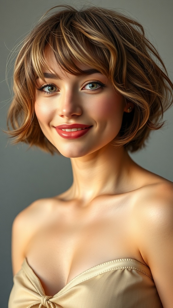 A woman with short hair styled in a shaggy bob with wispy bangs, showcasing volume and a warm brown color.