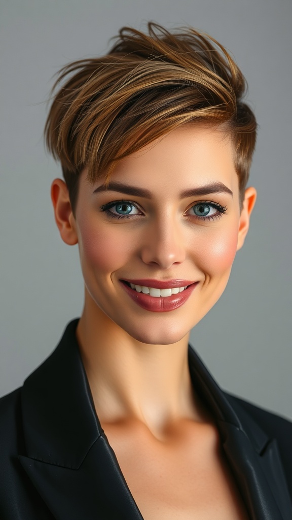 A woman with a stylish pixie cut featuring volume and brown highlights, smiling confidently.