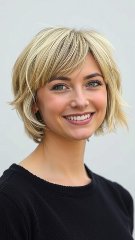 A woman with a shaggy bob and wispy bangs, showcasing a short hair wolf cut variation.