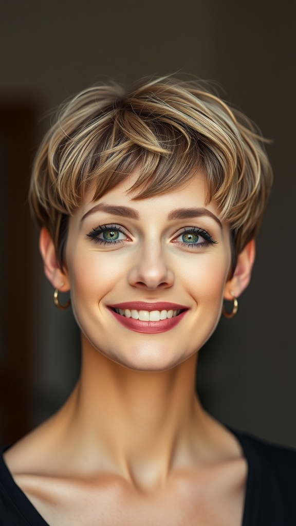 A woman with a blended shave and fringe hairstyle, smiling confidently.