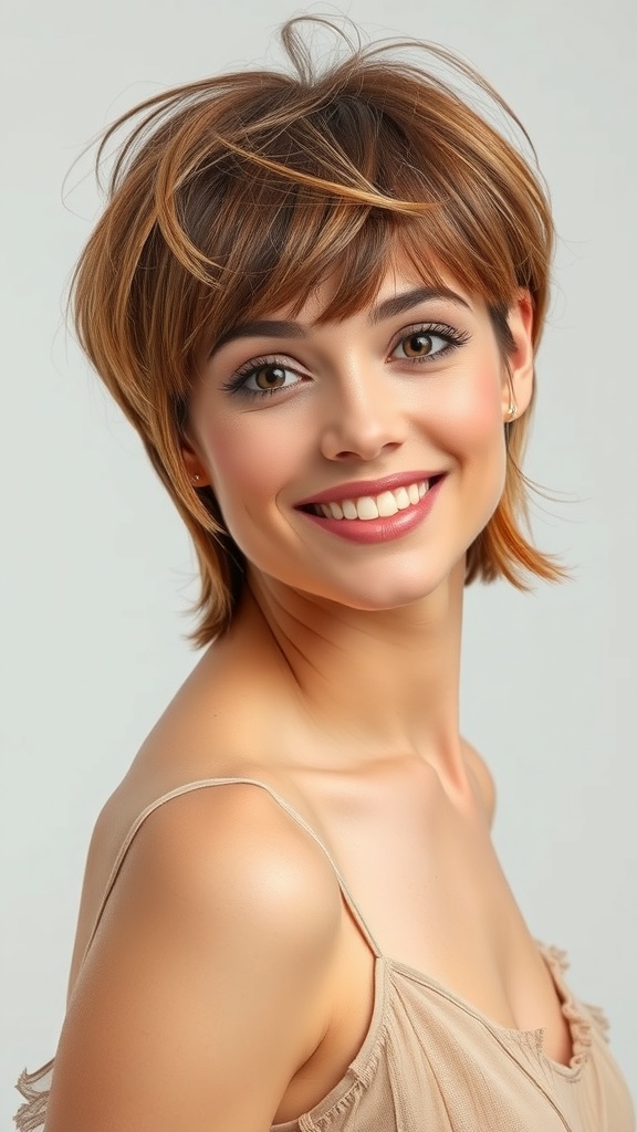 A woman with a short layered brown haircut and feathered bangs, smiling at the camera.