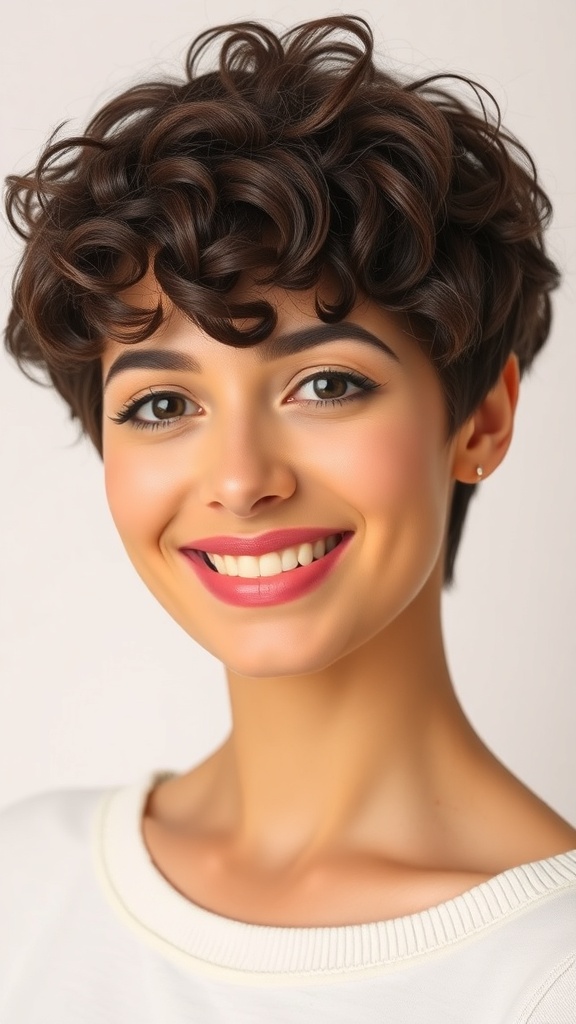 A woman with short layered curly hair, smiling brightly.