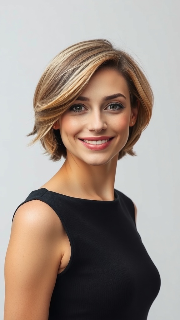 A woman with a short layered haircut featuring flipped ends, smiling in a black top.