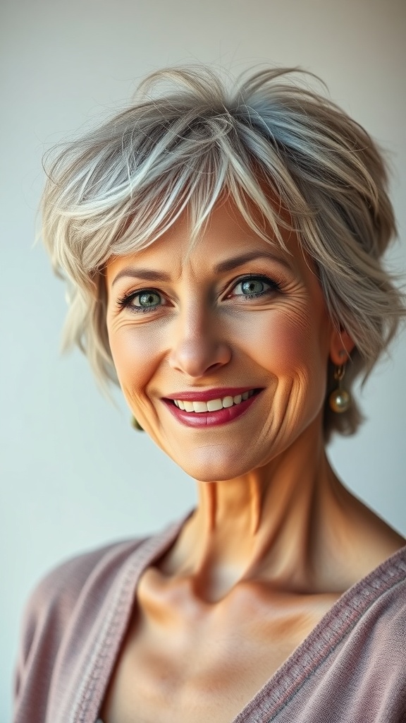 A smiling older woman with a short messy shag haircut and fringe, showcasing a stylish and sassy look.