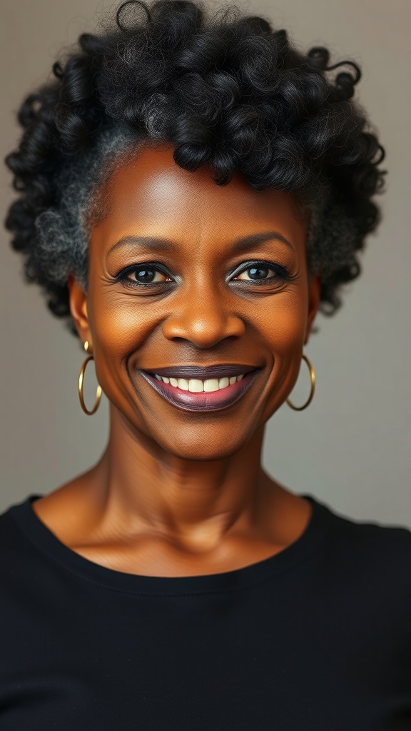 A woman with a short natural afro hairstyle featuring a side part, showcasing her curls and confidence.