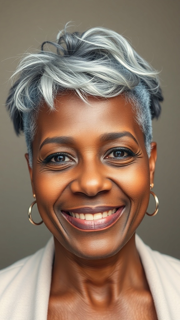 Short natural haircut with crown volume for older Black women.
