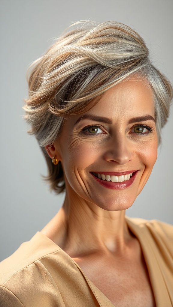 A woman with short natural waves and a bright smile, showcasing a stylish hairstyle for older women.