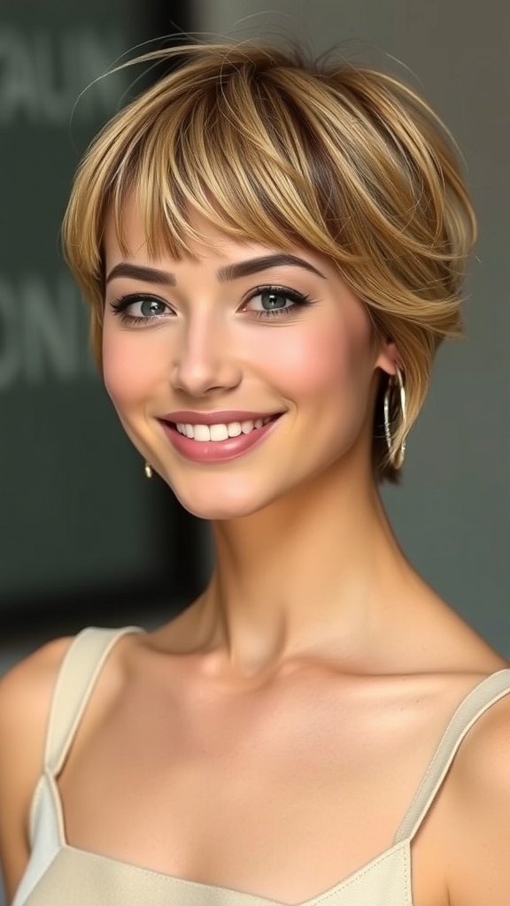 A woman with a short pixie mullet hairstyle, smiling and showcasing her lifted crown.