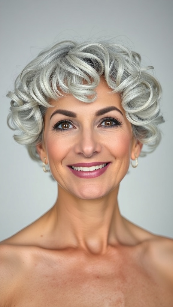 A woman with a short silver bob hairstyle featuring defined curls, smiling at the camera.
