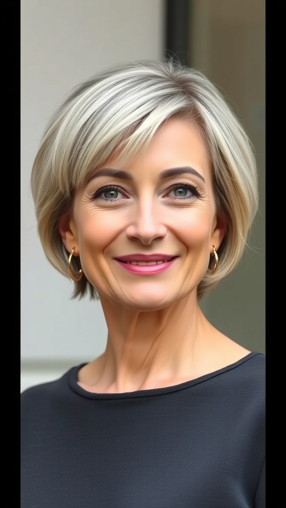 A woman with a short tapered crop hairstyle featuring face-framing layers, wearing a black top and smiling.