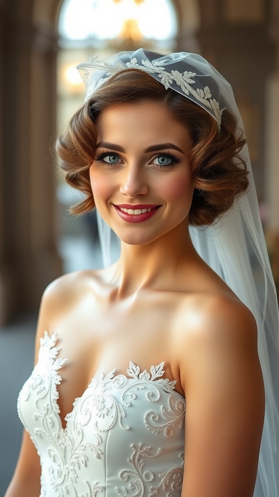 Bride with short vintage curls and a Juliet cap veil, showcasing a timeless bridal hairstyle.