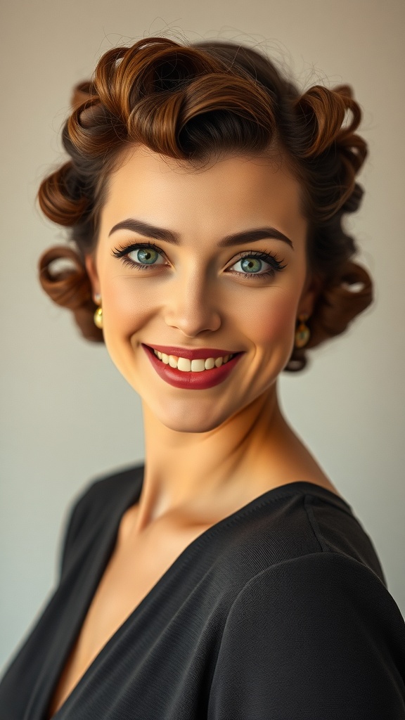 A woman with short vintage curls and rolled bangs, smiling confidently.