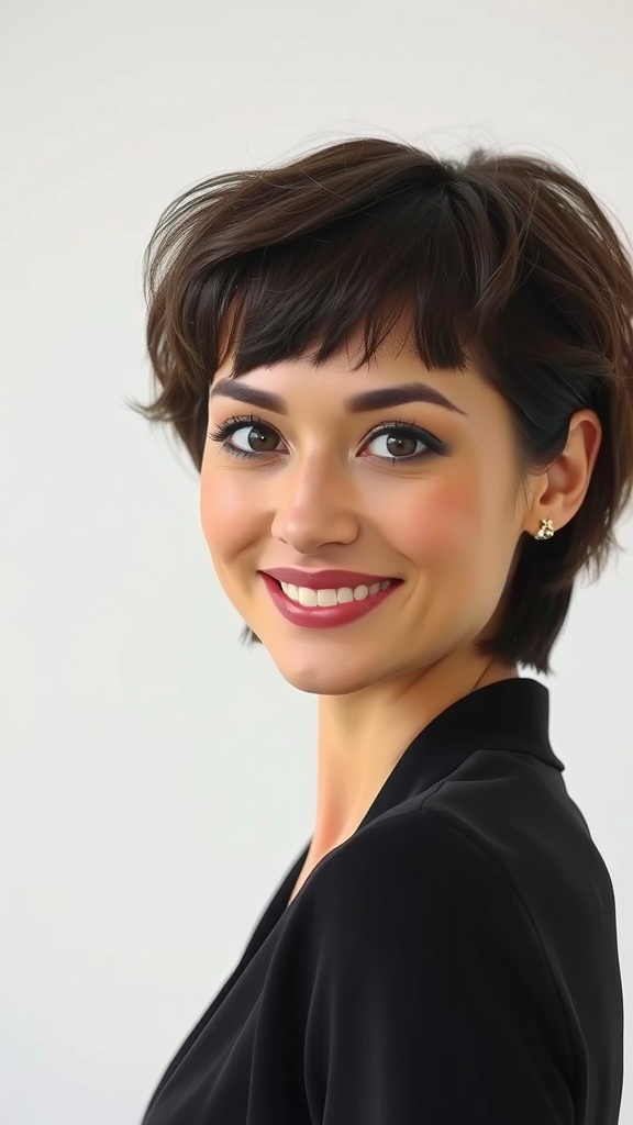 A woman with a short wavy bob hairstyle, smiling and wearing a black outfit.
