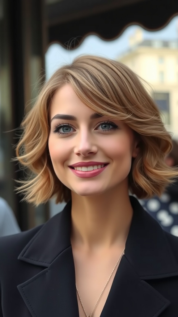 A woman with a short wavy French bob hairstyle, smiling and looking stylish.