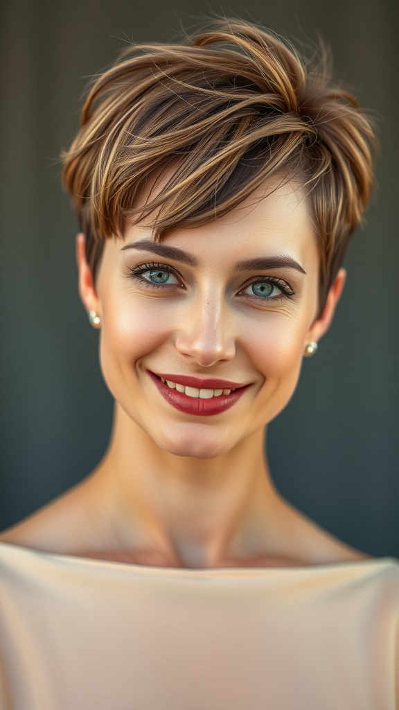 A woman with a stylish short wavy hair razor cut, showcasing a modern and effortless look.