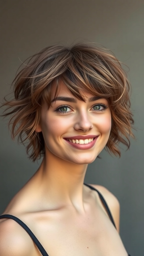 A woman with a short wavy shag cut, smiling and showcasing her textured hair.