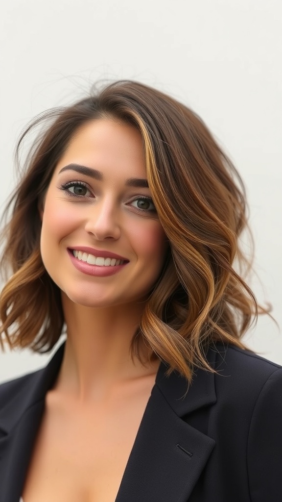 A woman with shoulder-length wavy hair, smiling and wearing a black blazer.