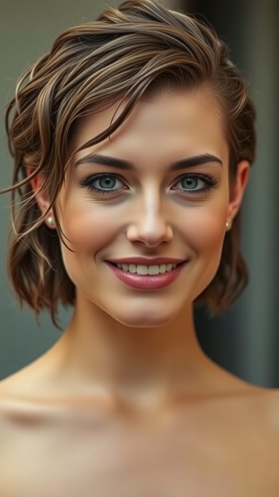 A woman with short wavy hair styled slicked back, showcasing a chic and elegant look.
