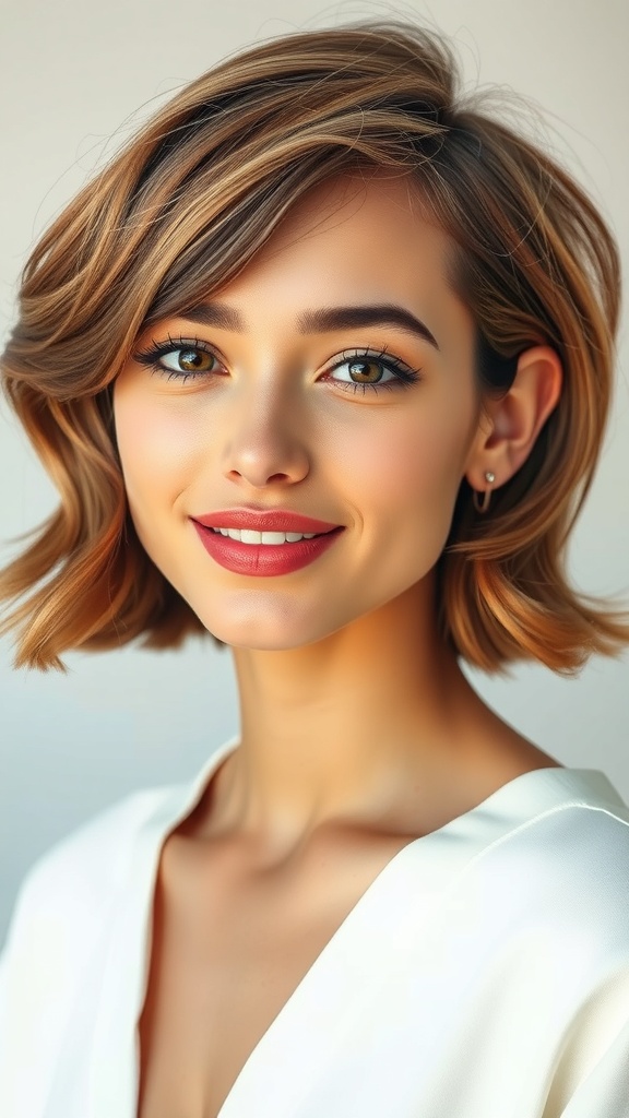 A woman with short wavy hair styled elegantly, tucked behind her ear, showcasing a chic and effortless look.
