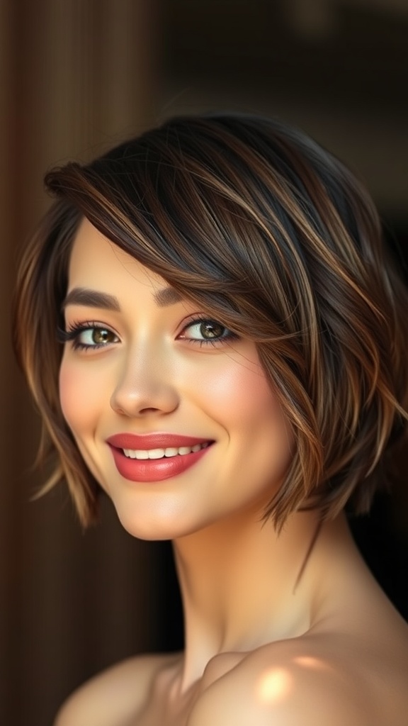 A woman with short wavy hair styled in an angled cut, smiling confidently.