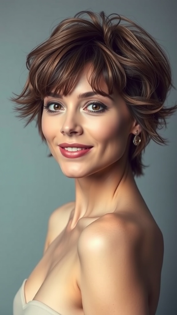 A woman with short wavy hair and a choppy fringe, smiling and looking stylish.