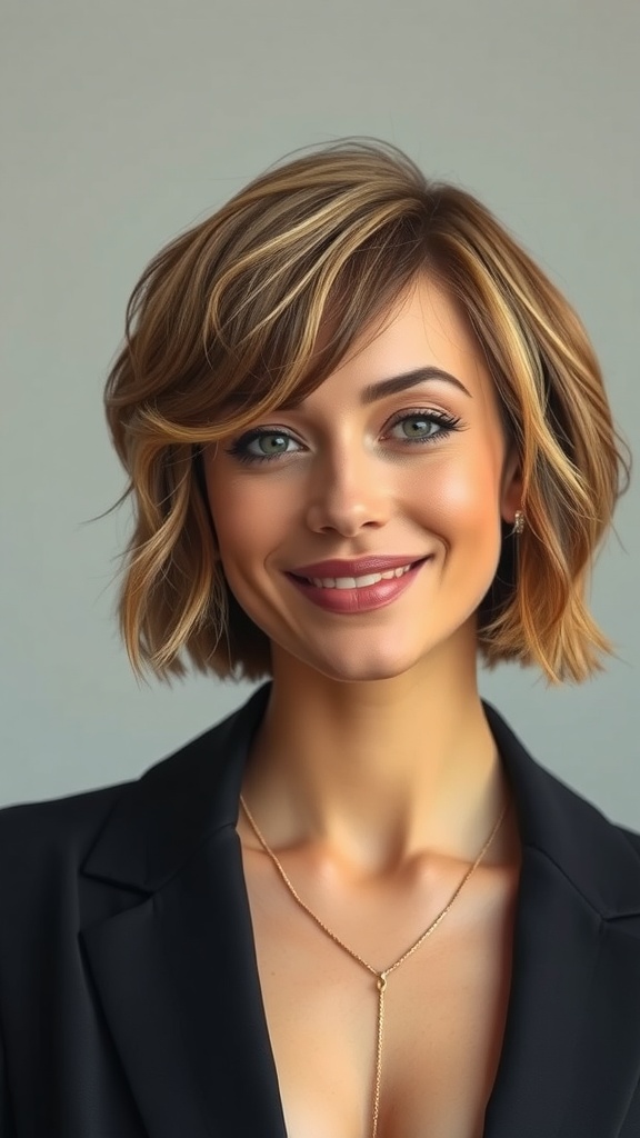 A woman with short wavy hair and curtain bangs, smiling and wearing a black blazer.