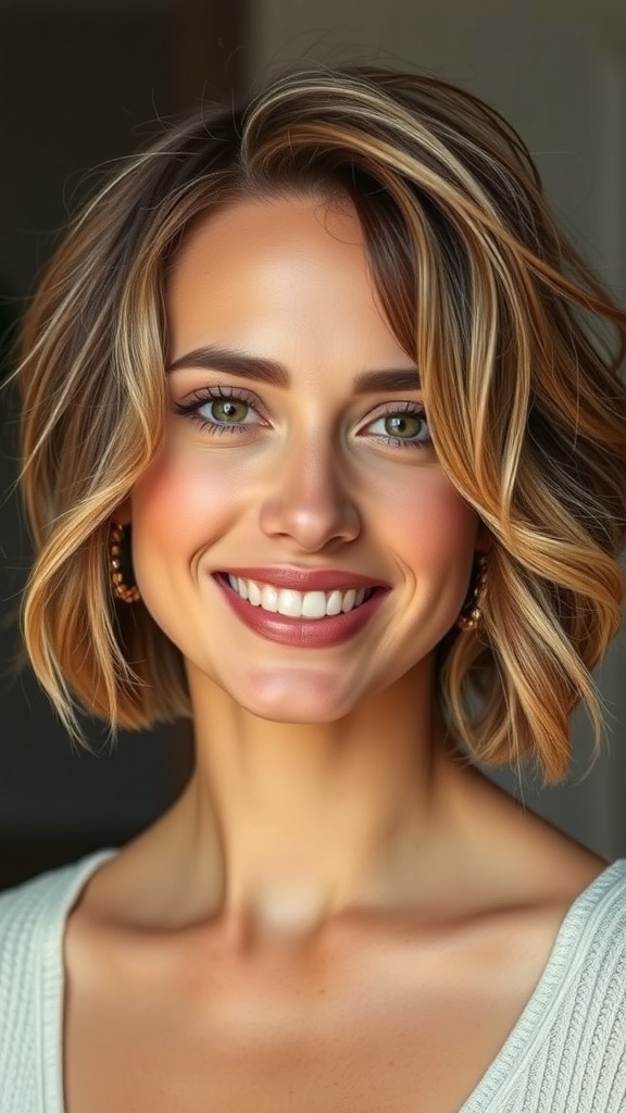 A woman with short wavy hair and face-framing highlights, smiling brightly.