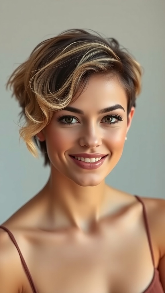 A woman with short wavy hair and peekaboo highlights, smiling at the camera.