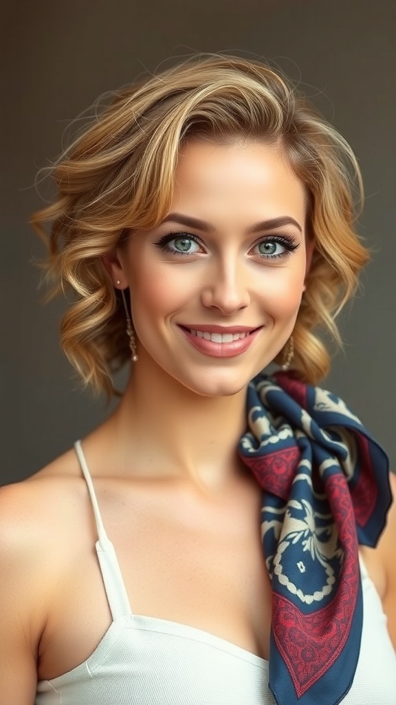 A woman with short wavy hair wearing a scarf headband, smiling at the camera.