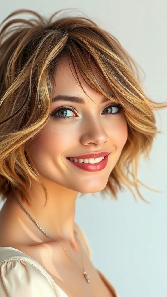 A woman with short wavy hair styled in textured layers, smiling and looking at the camera.