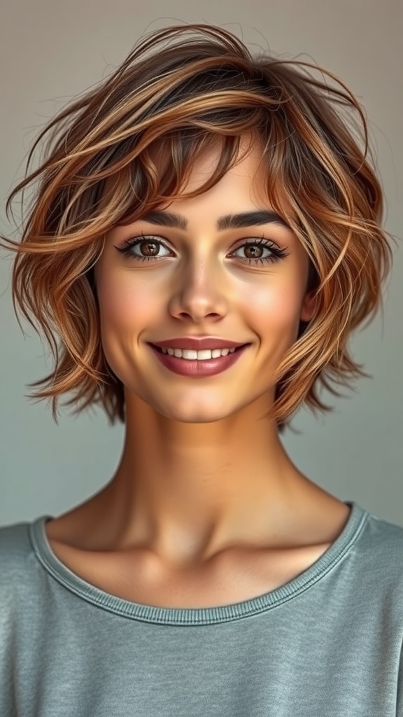 A smiling woman with short wavy hair and undone ends, showcasing a relaxed and stylish look.