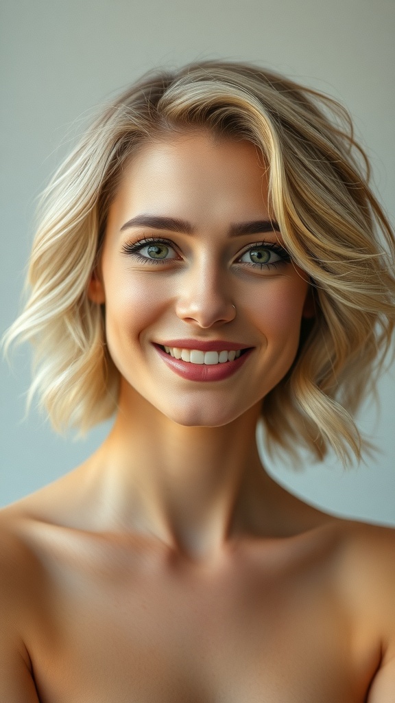 A woman with short wavy hair and wispy bangs, smiling at the camera.