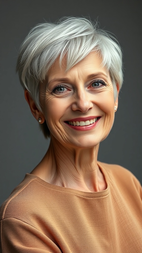 A woman with a stylish short wedge haircut, featuring volume at the back, smiling confidently.