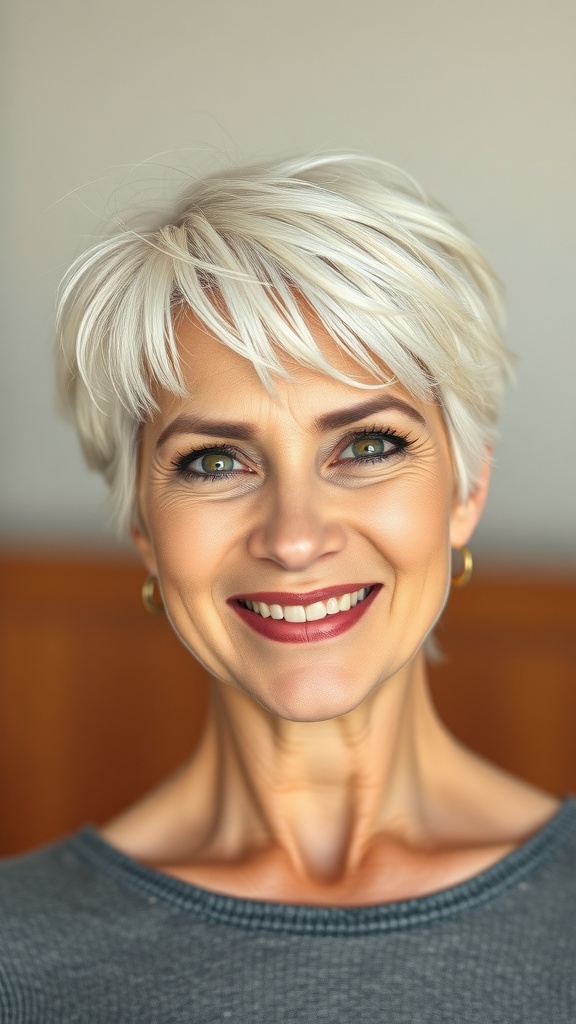 A woman with short white hair styled in chunky crown layers, smiling confidently.