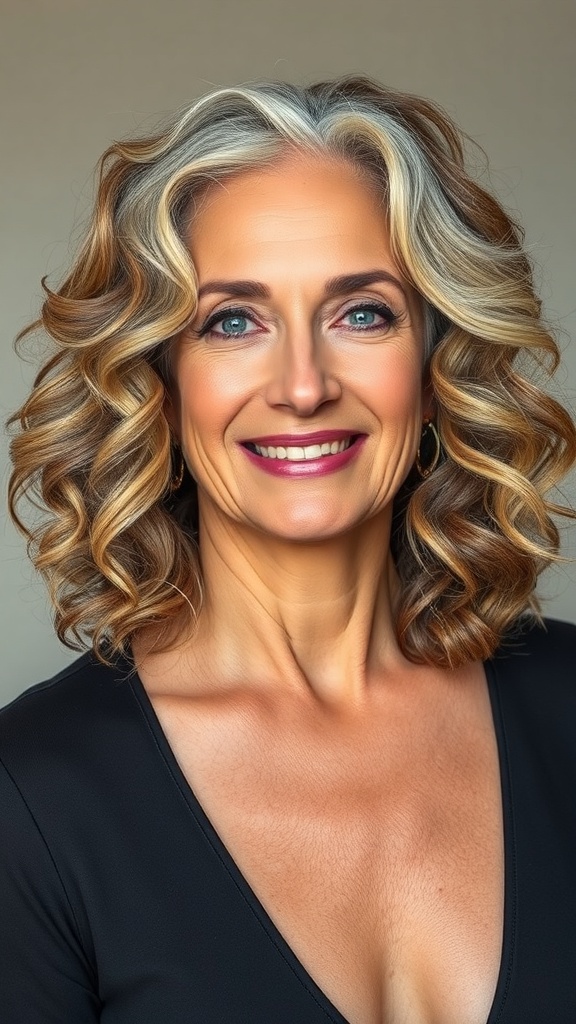 A woman with shoulder-grazing curly bob hairstyle, showcasing classy grey hair with warm tones.