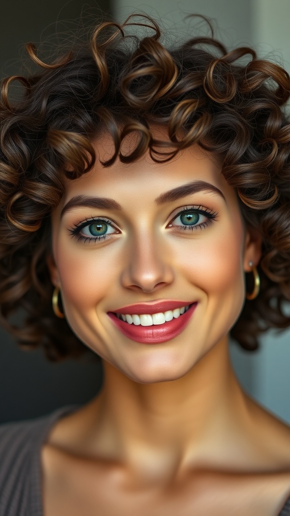 A woman with shoulder-length curly hair, smiling brightly, showcasing a layered curly haircut with face framing.