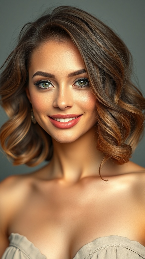 A woman with shoulder-length shag hair, featuring defined curls and a bright smile.