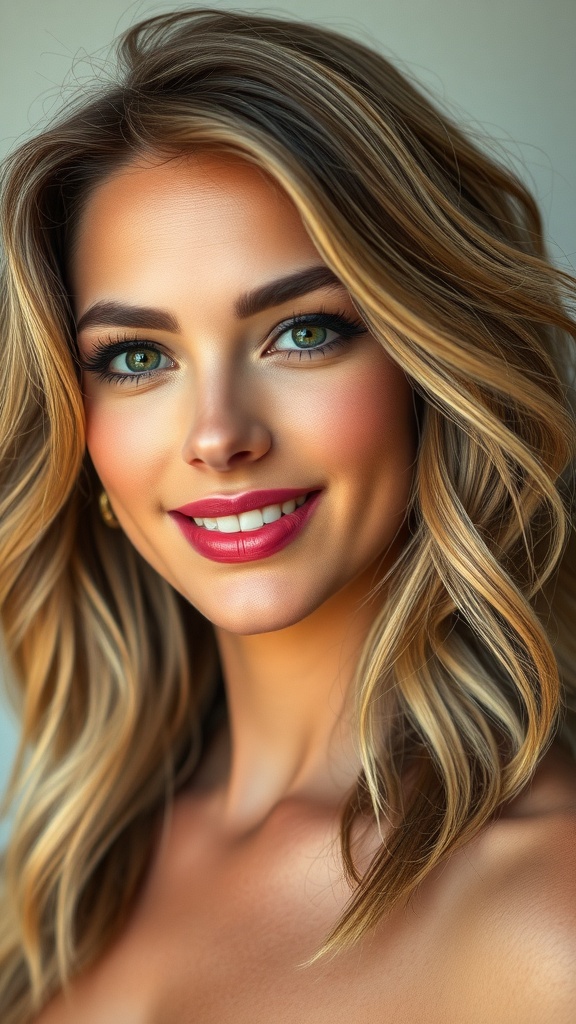 A woman with shoulder-length wavy hair featuring curtain layers, smiling with a natural look.