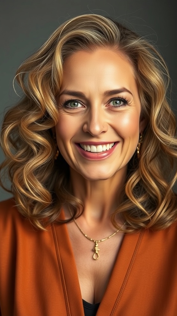 A woman with shoulder length curls, smiling and wearing an orange top.