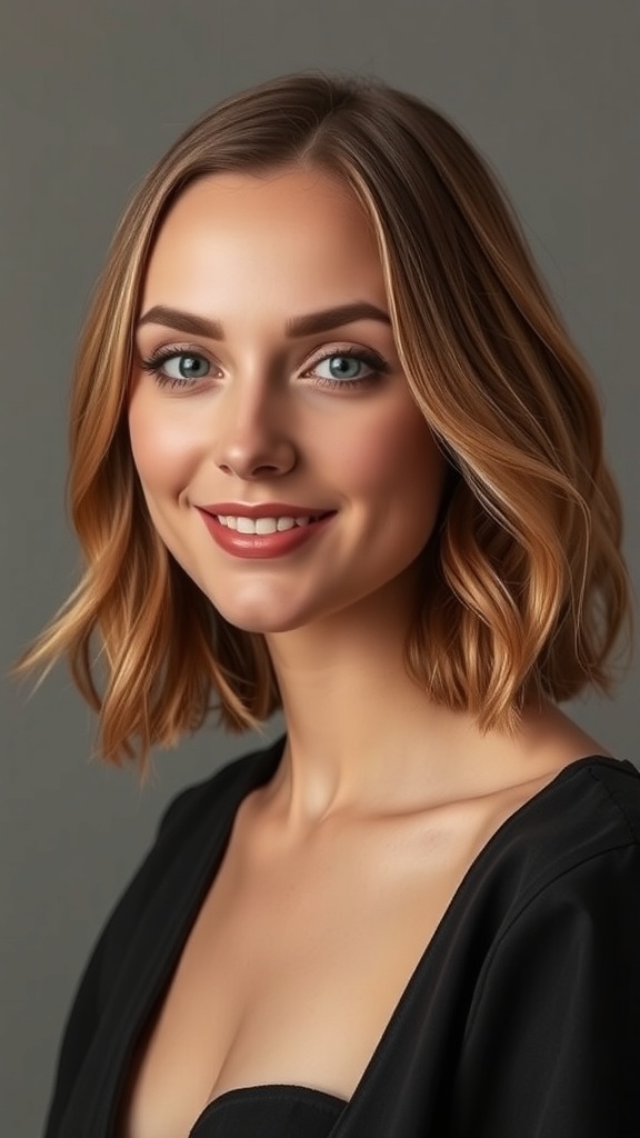A woman with shoulder length layered hair styled with subtle waves and lift, smiling at the camera.