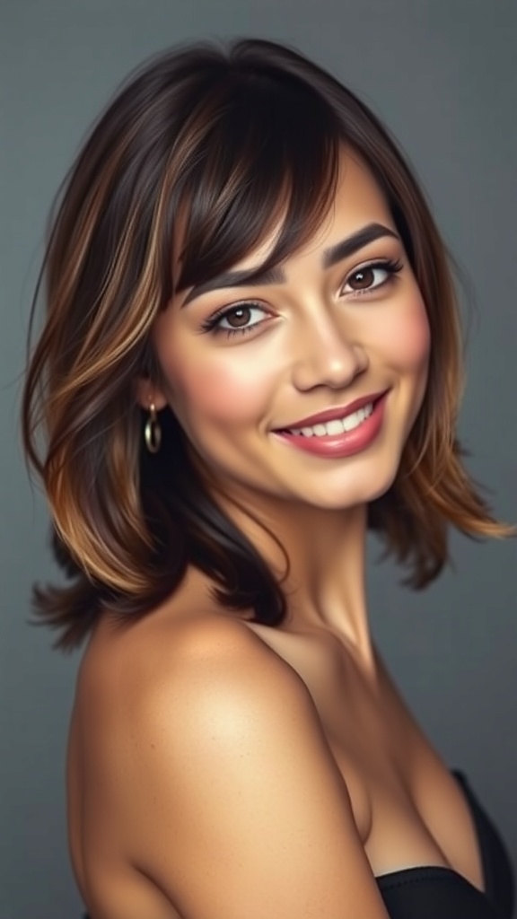 A woman with shoulder length layered hair and long fringe, smiling at the camera.