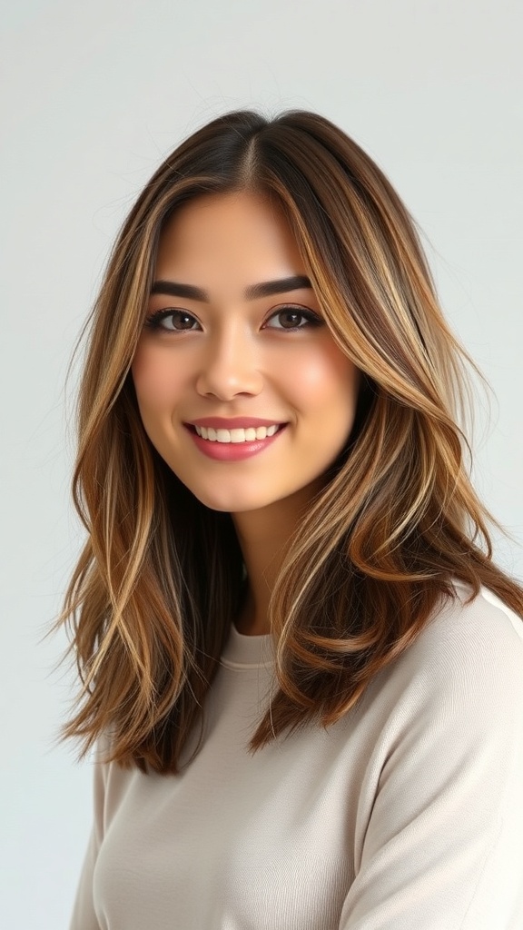 A woman with shoulder length layered hair, featuring soft waves and highlights.