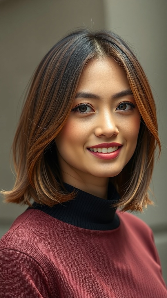 A woman with shoulder length layered hair, smiling and wearing a maroon top.