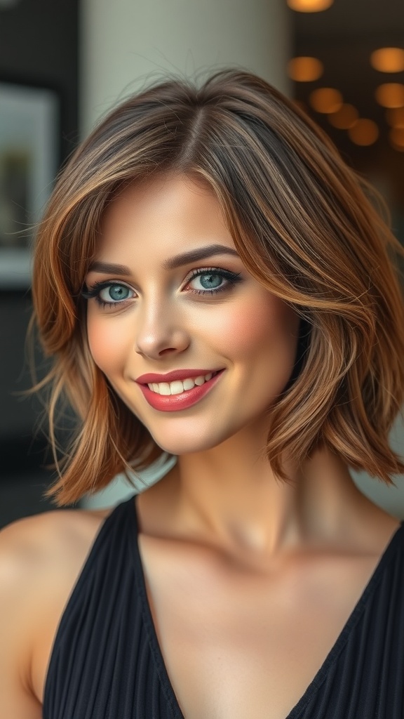 A woman with shoulder length layered hair styled with flipped ends, smiling at the camera.