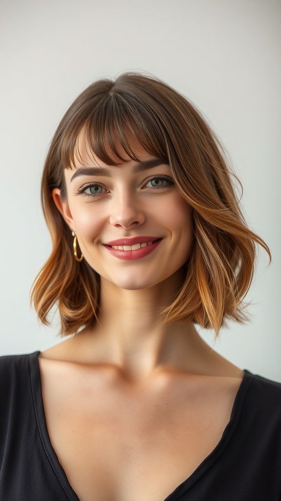 A woman with shoulder length layered hair and curtain fringe, smiling at the camera.