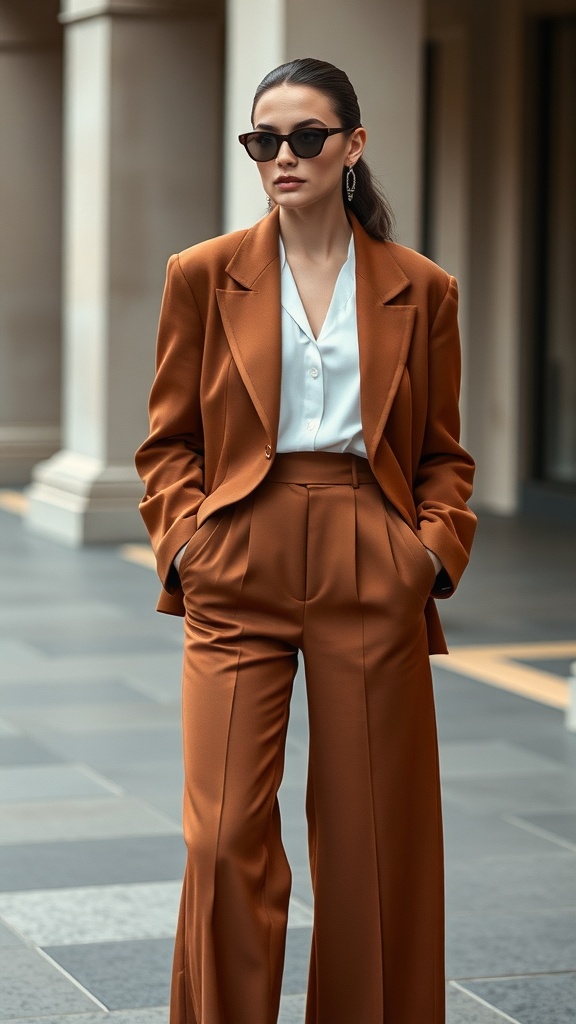 A woman in a brown tailored blazer with shoulder pads and wide-leg trousers, exuding a retro-chic vibe.