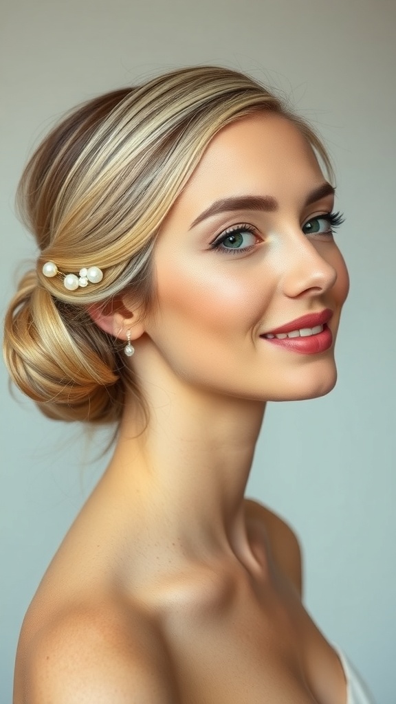 A bride with a side-part bun hairstyle adorned with delicate pearl accessories, showcasing a natural and elegant look.