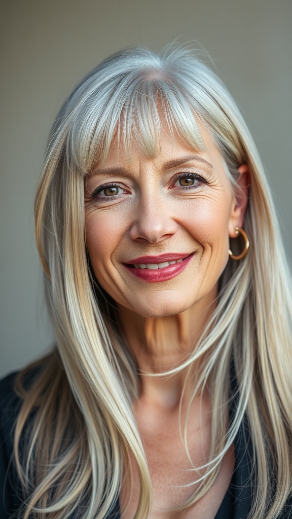 A woman with long gray hair and side-swept bangs, smiling warmly.